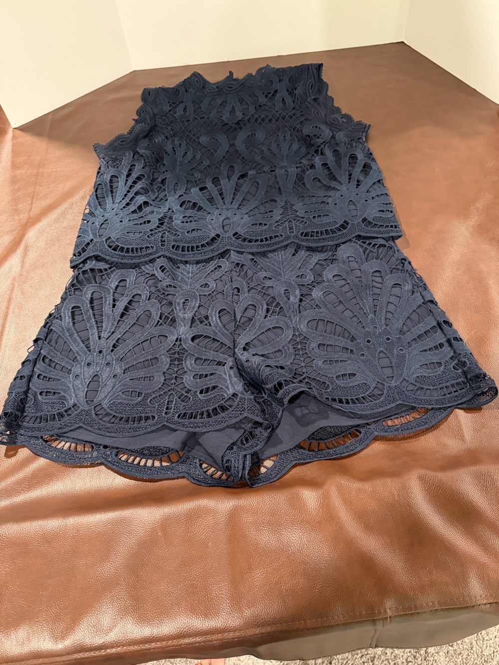 NVLT Dark Navy Lace 2 Piece Set Top M Shorts L Floral Crochet